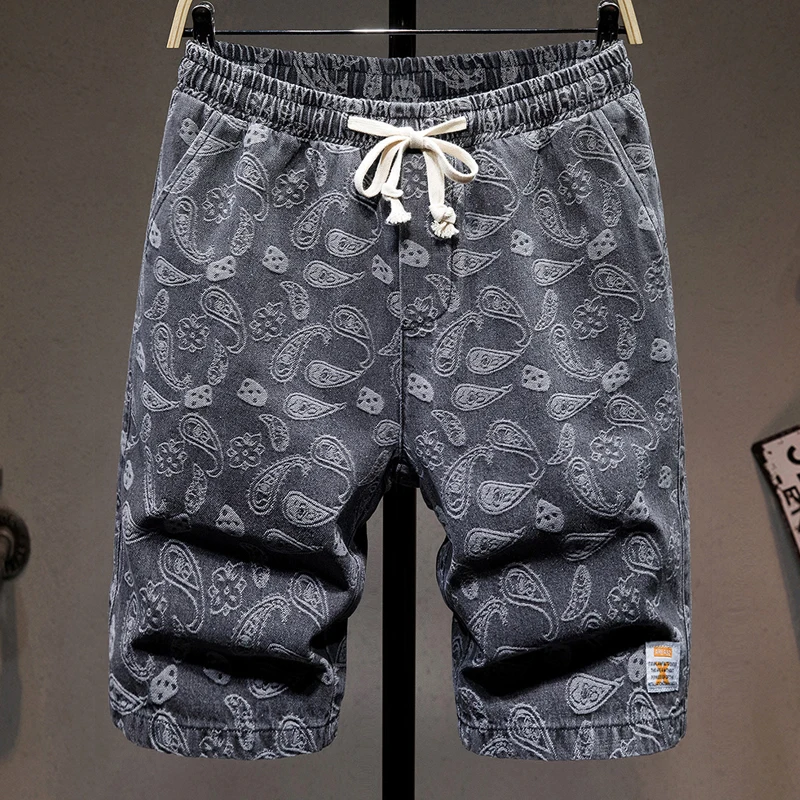 Cashew Flower Pattern Short Jeans Men 