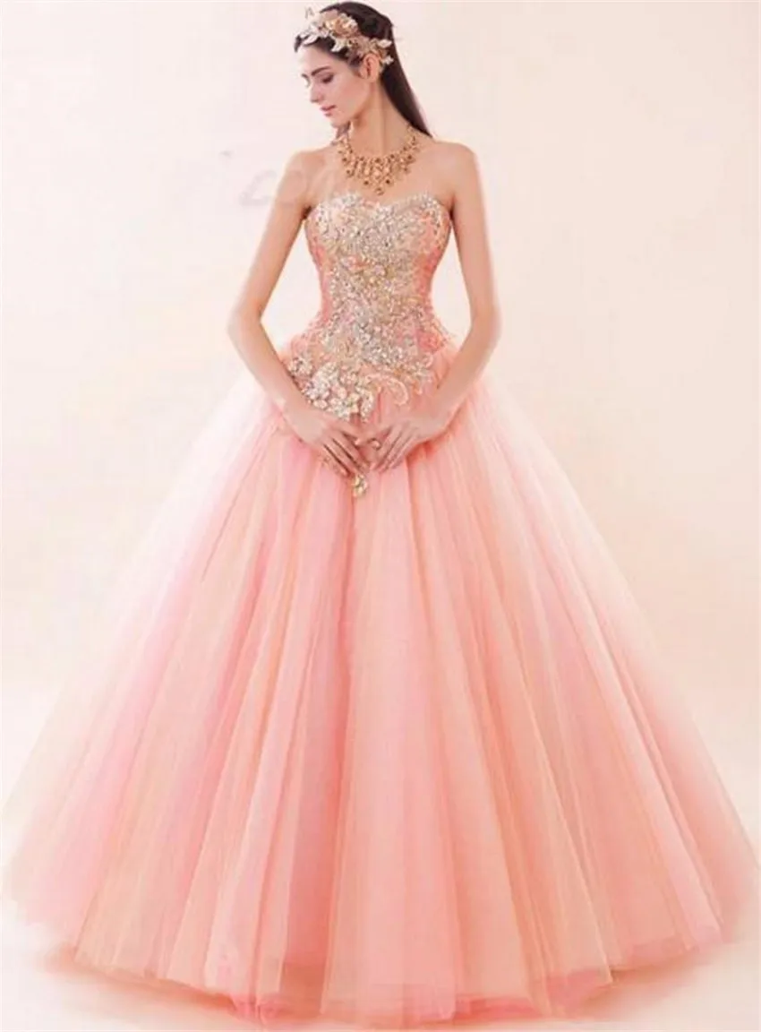 as pictrue Pink Sweetheart Quinceanera Dresses Lace up Tulle Luxury Bling Crystal Beaded Sweet 16 Masquerade Prom Quinceanera Ball Gown - Цвет: as pictrue