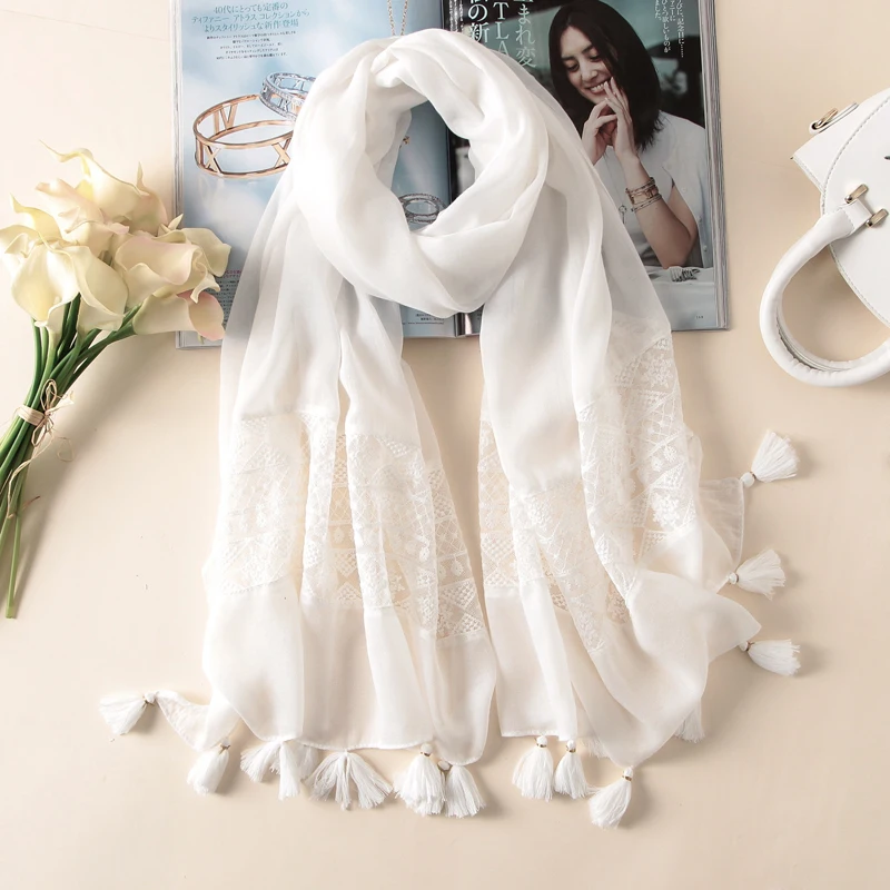 Новый женский хлопковый шарф с кружевным цветком и снежинками, сочетающийся с кисточками, винтажный хлопковый Однотонный женский платок из пашмины