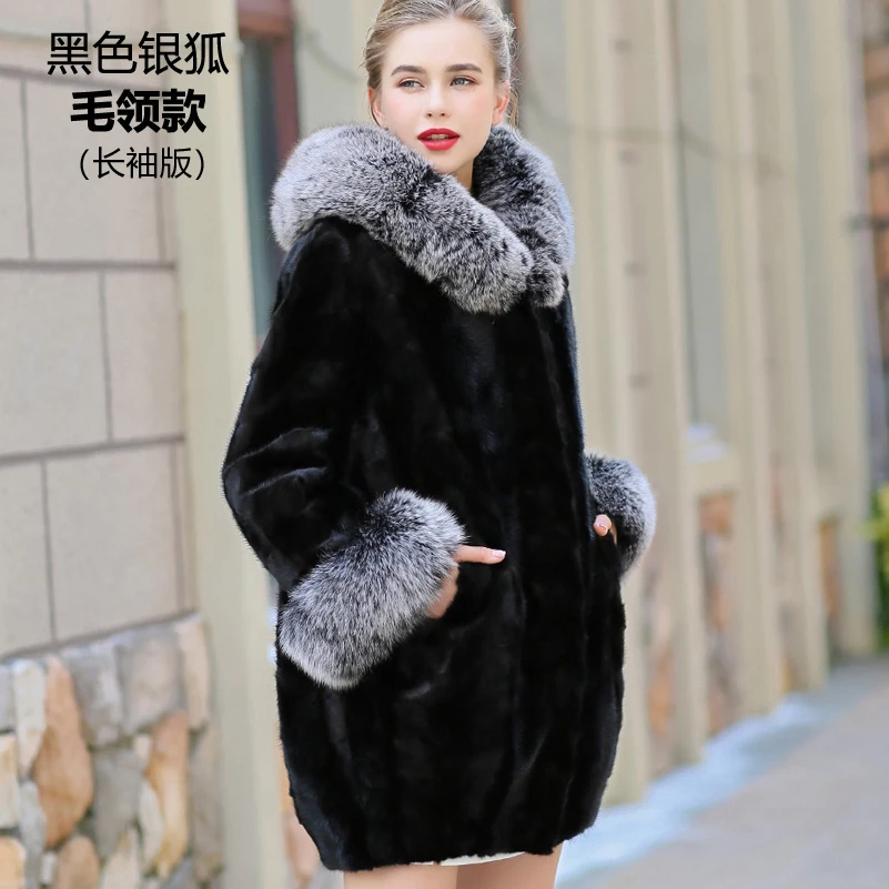 black-collar style AYUNSUE Natural Real Mink Coat Female Fox Fur Collar Luxury Fur Coats Winter Jacket Women Warm Long Jackets Plus Size 5xl MY4158 - Цвет: black-collar style