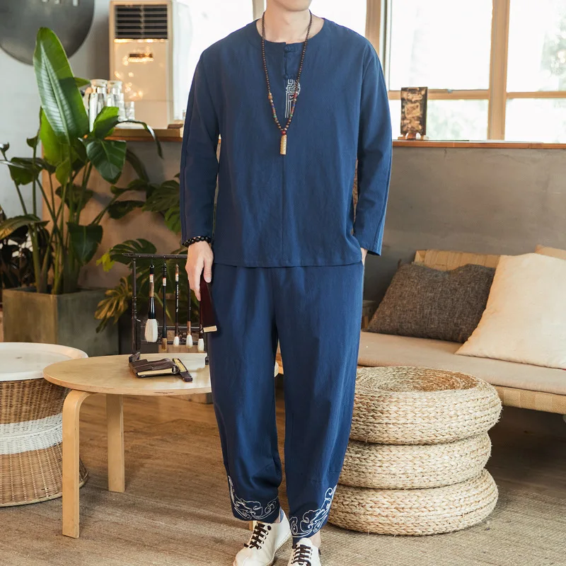 

2019 Autumn New Style Chinese-style Men'S Wear Embroidered Cotton Linen Set Men's Large Size Loose-Fit Long-sleeved Upper Garmen