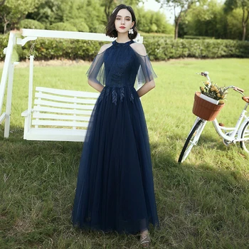 

Navy Blue Bridesmaid Dresses Appliques A-Line Long Sexy Wedding Party Dress V-Neck Long Sleeve Elegant Vestido De Festa R020