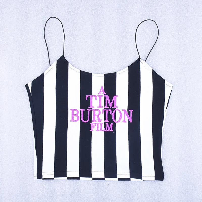 half bra Letter Embroidery Camis Women Sexy Crop Top 2022 Summer Sleeveless Skinny Camisole Black White Stripe Vests Tee TIM BURTON FILM cheap bras