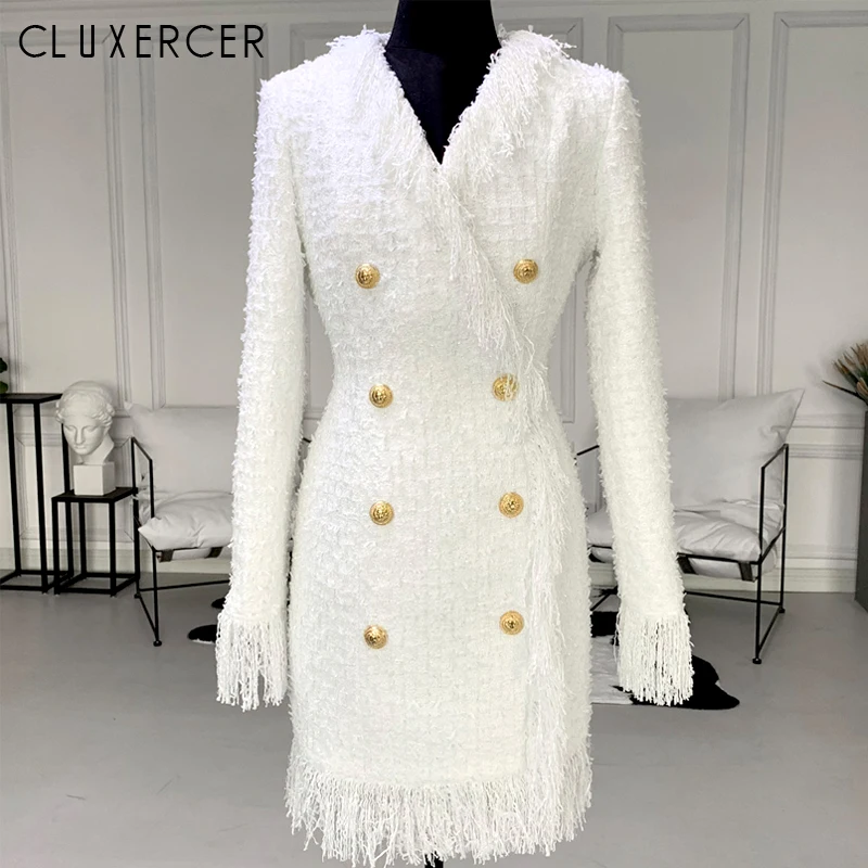 

Women Autumn Winter Long Sleeve Tweed Dress Vintage Sexy V-Neck Female Mini Dress Office Lady Elegant White Black Tassel Dress
