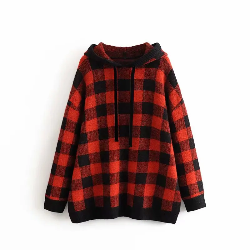 

Europe And America 2019 Autumn And Winter New Style WOMEN'S Dress Loose-Fit Hooded Plaid Laziness-Style Hoodie