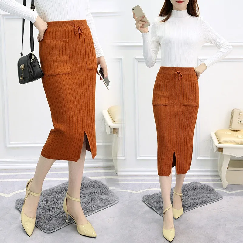 Women Skirt Autumn Winter Front Slit Bodycon Elegant Midi Pencil Skirt Casual Knitted Skirt High Waist Women Skirts