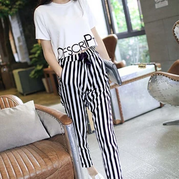 

Women Short Sleeves Letter Print Pullover Short Top And Stripe Drawstring Ankle-Length Pants Summer Women Clothing