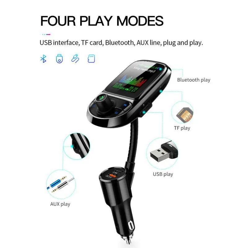 Автомобильное зарядное устройство QC3.0 с двумя USB, fm-передатчик, цветной экран, Bluetooth 5,0, беспроводной модулятор, Mp3 плеер, голосовая передача