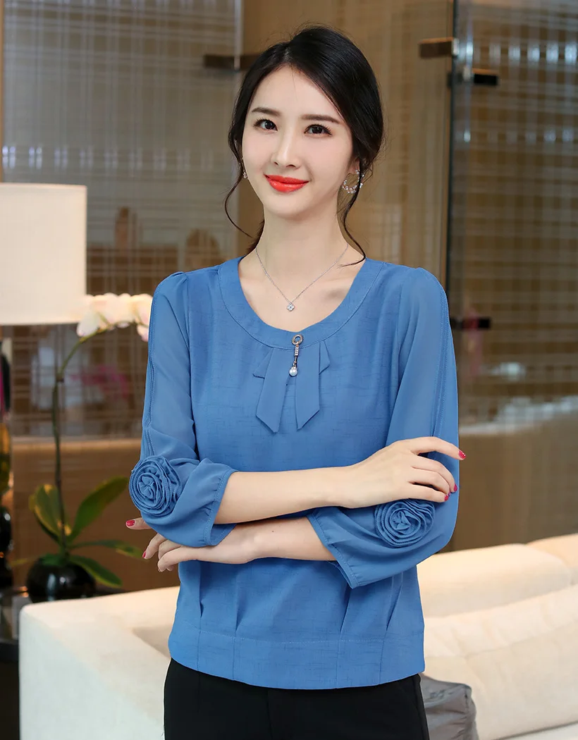 Новинка осени blusas mujer de moda шифоновая блузка рубашка модная повседневная с бантом 3/4 рукавом женская блузка рубашка и топы