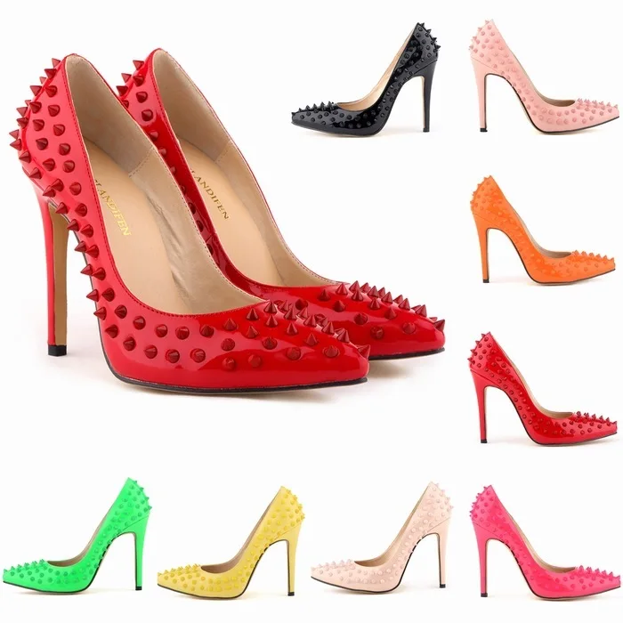 New Women Sexy Party Pointed Toe Pumps Solid Color Thin High Heels Shoes Patent Leather 11CM Slip On Rivet 2023 size 35-42