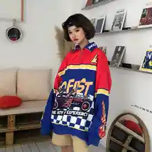 Streetwear pullover Racing Car Zipper Women Sweatshirt Turn-down Collar Long Sleeve Casual Loose Female Pullover Sweatshirt