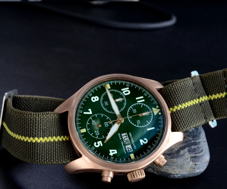 Lugyou кварцевые мужские часы хронограф Бронзовый сапфир выпуклый 100 м Водонепроницаемость нейлон эластичный повседневные наручные часы Высокое качество