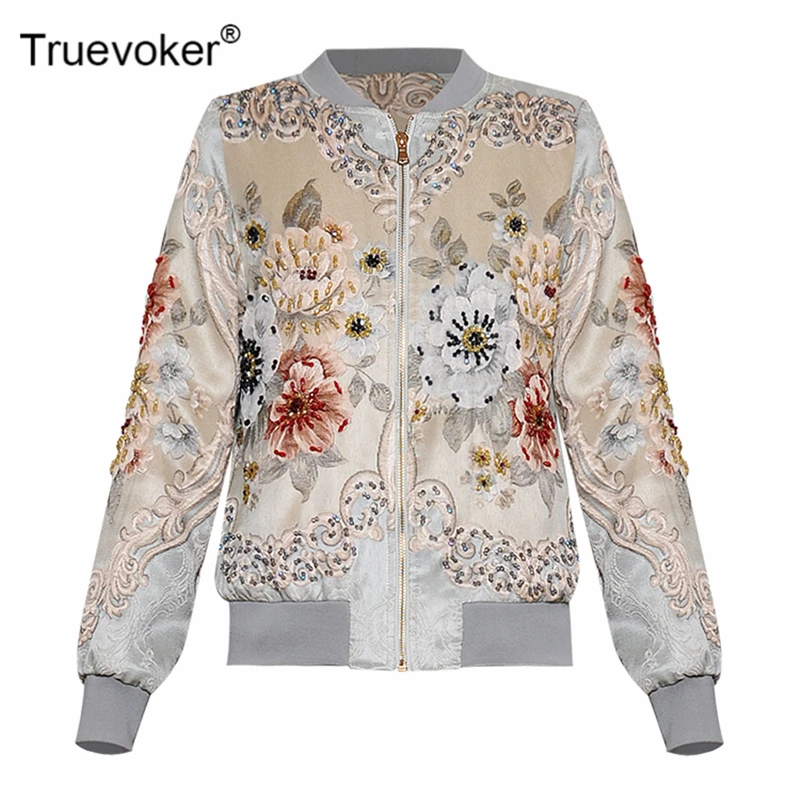 Небесно-голубой Truevoker женская уличная модная винтажная куртка с длинным рукавом и цветочным принтом, Великолепная куртка с кристаллами и бриллиантами, верхняя одежда - Цвет: Небесно-голубой