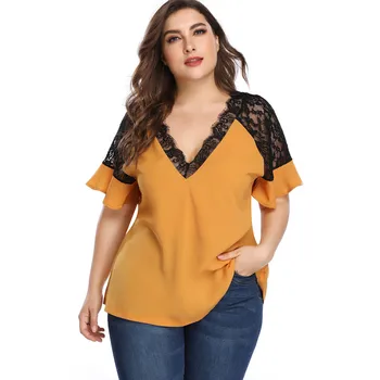 

Large size lace women blouses 2020 summer cotton women blouses tops V-neck bat sleeve high quality women shirt Y378