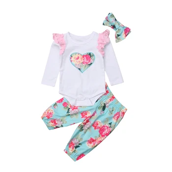 

0-18M Newborn Baby Girls Clothes Set Infant Long Ruffles Sleeve Bodysuit Blue Floral Shorts + Headband Autumn Outfits Clearance