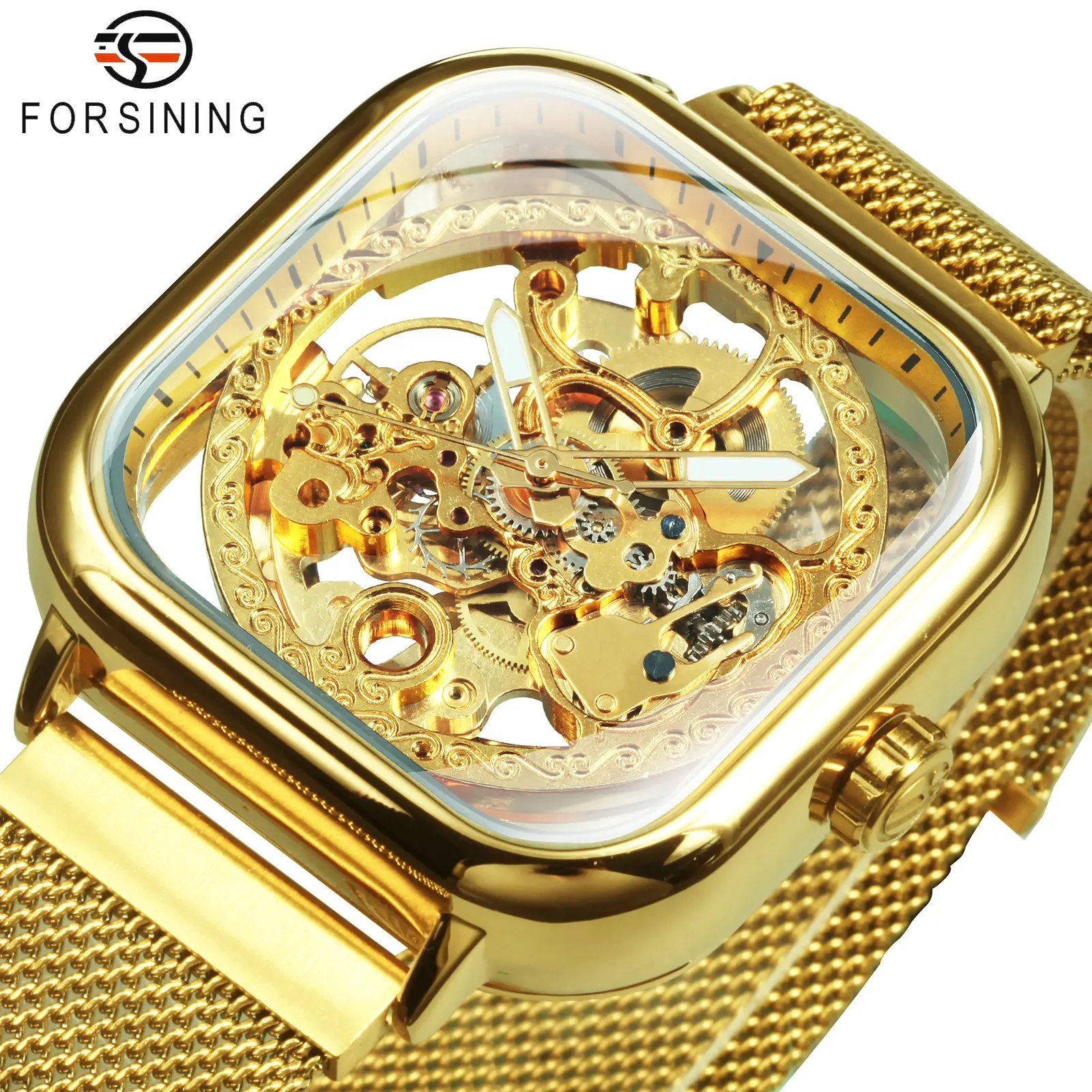 Watches Mens Automatic Mechanical Watch Gold Transparent Mesh Steel Wristwatch Skeleton Forsining mechanical watch