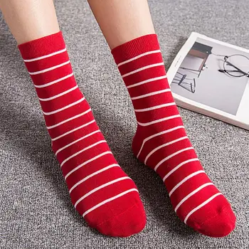 

5 Pair Japanese Novelty Women Cotton Crew Socks Classic Striped Mid Tube Hosiery