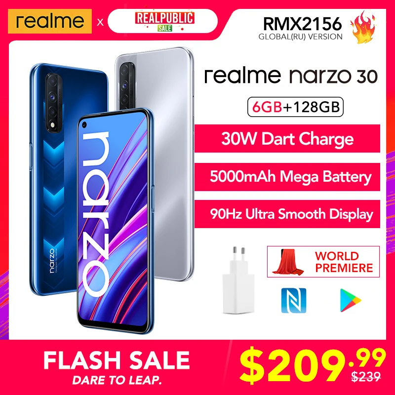 Original realme narzo 30 Global Version 6GB 128GB Helio G95 Processor 90Hz Display 30W Charge 5000mAh Battery NFC Play Store | Мобильные