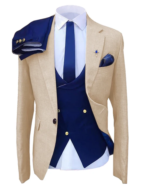 Beige Men Suits Dark Blue Vest Pant Costume Homme Terno Masculino Slim Fit  Tuxedo Wedding Groom Prom Fashion Man Blazer 3 Pcs - Suits - AliExpress