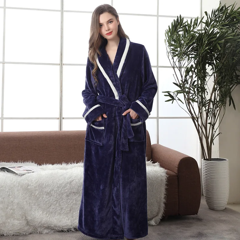 woman navy blue Парный зимний банный Халат теплый фланелевый Халат Зимний толстый фланелевый термальный банный халат кимоно Халат велюровый Халат - Цвет: woman navy blue