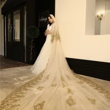 Сапфировая Роскошная свадебная вуаль цвета шампанского 4 м для собора, длинная С румяной Velo De Novia, Золотая свадебная вуаль с аппликацией