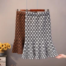 Приталенная юбка рыбий хвост с высокой талией, юбка средней длины, жаккардовая трикотажная набедренная юбка в клетку, юбка средней длины