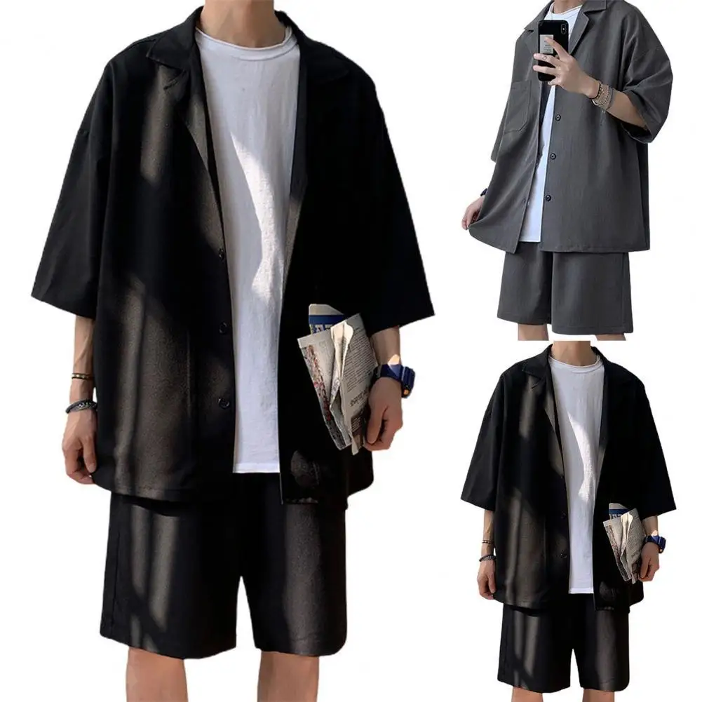 Korean Style Men Set Suit Solid Color Loose Design Two Pieces Trendy Men Coat Shorts Suit Summer Oversized Clothing Man shirt and shorts set solid color suit