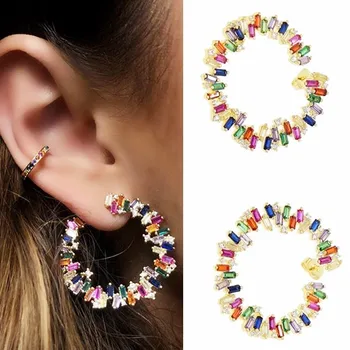 

2019 hot Luxury women fashion stud earring gold filled rainbow baguette cubic zirconia round circle geometry simpe nice earrings