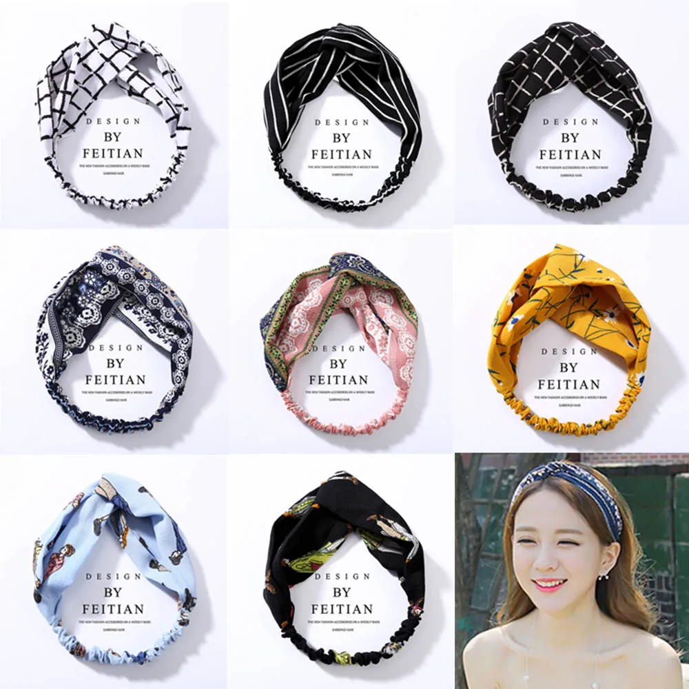 Fashion Plaid Knot Headband Turban Elastic Floral Print Hairband Head Wrap For Women Girls Striped Twist Cross Hair Accessories |