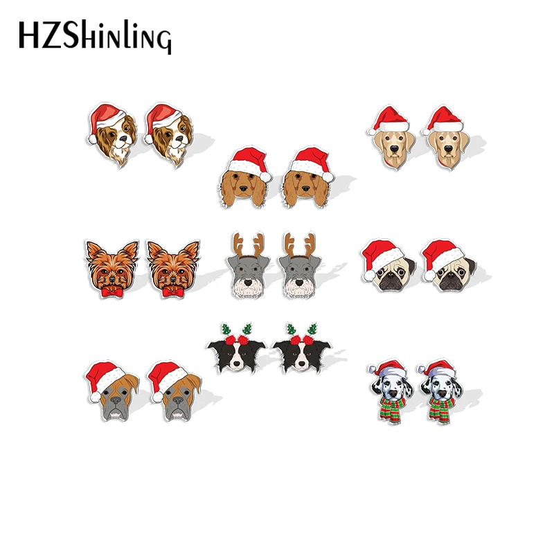 2021 New Christmas Dog Head Stud Earring Golden Retriever Pug Acrylic Resin Earrings Epoxy Handmade Jewelry Gifts Girl