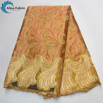 

2019High Quality Gold lace fabric with Embroidery flowers 5 Yards/pcs Swiss voile lace in Switzerland with stones for decoration