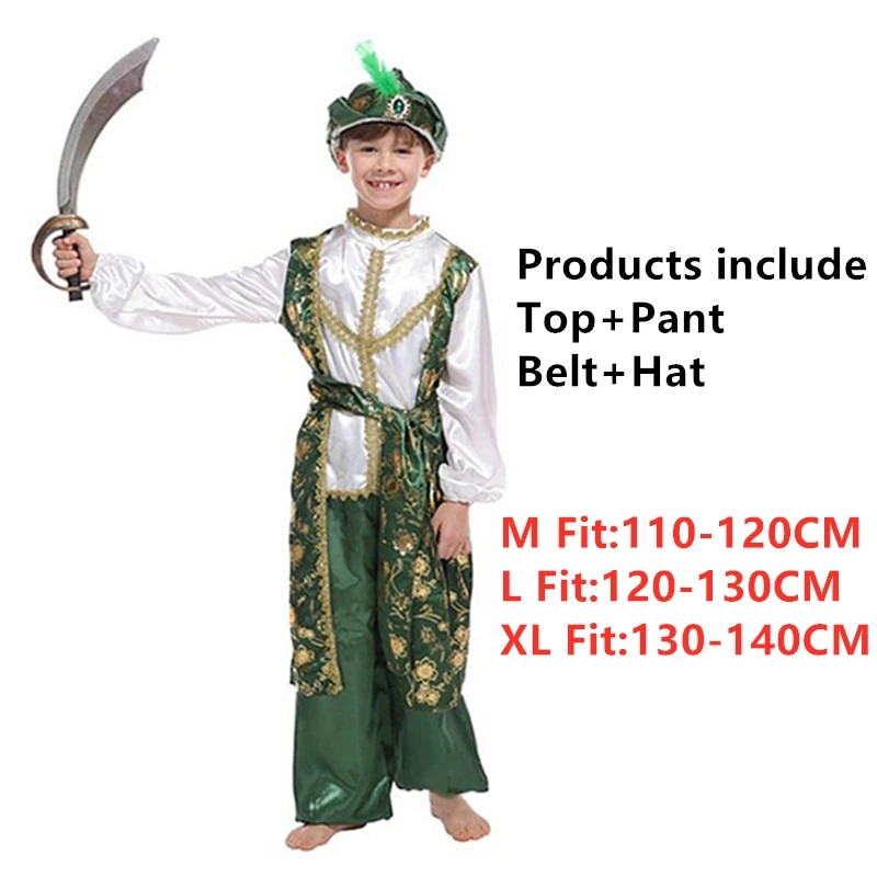 Green Halloween Cosplay for Kids Boys Arab Prince Carnival Party Drama Stage Performance Clothing Top+Pant+Hat+Belt Set - Цвет: Green