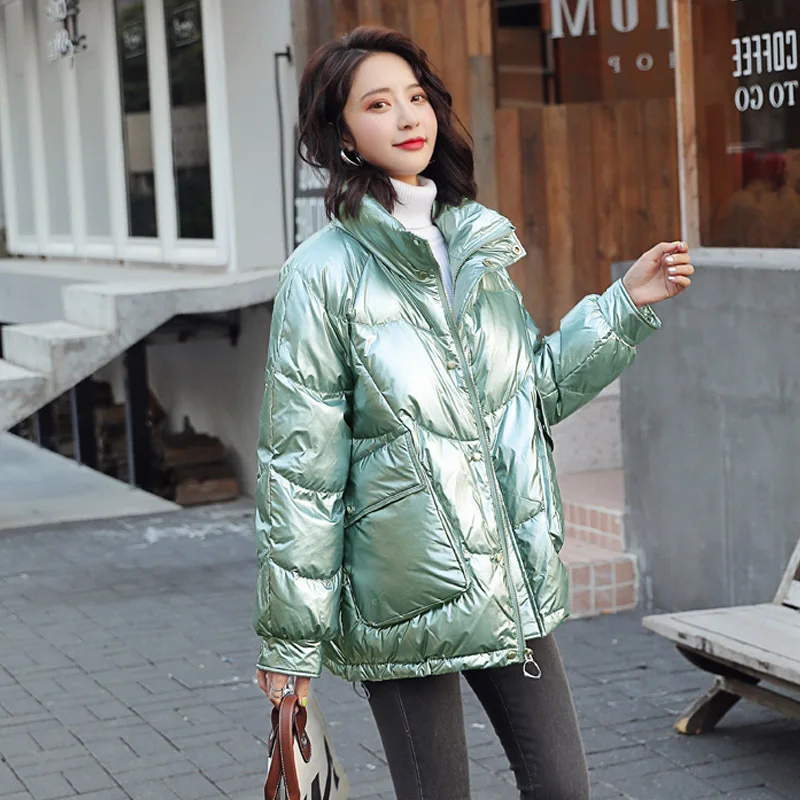 Stand Collar down Jacket Women's Short Winter New Style Short-height Loose-Fit Students White Duck down Warm Bright Surface