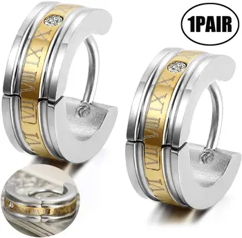 

Lvcky Men's Classic Biker Stainless Steel Engraved Roman Numerals Classic Polished Hoop Hinged Earrings（Gold）
