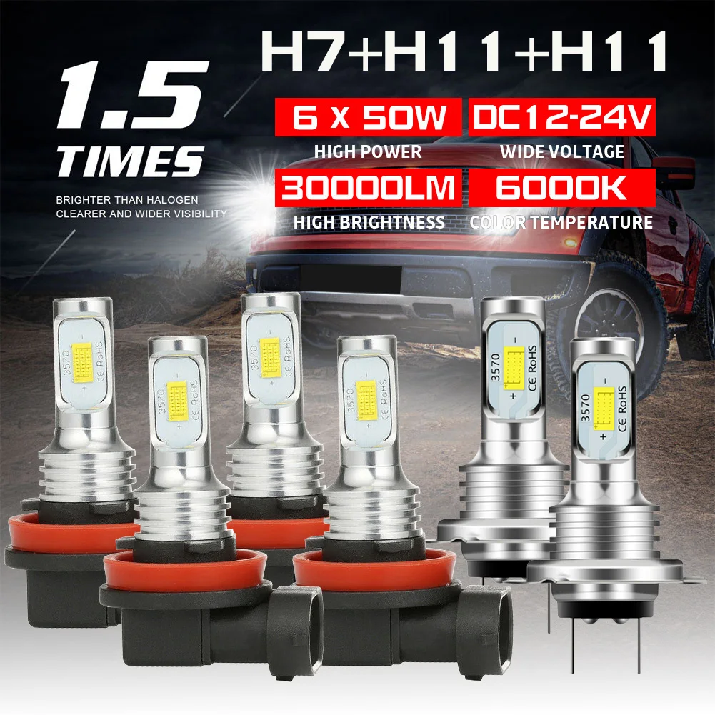 

H7+H11+H11 LED Headlight Combo High Low Beam Fog Light 6x Bulbs Kit 6000K White