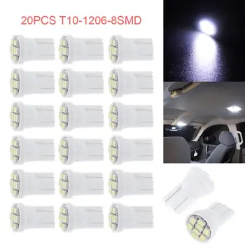 

20PCS Car T10 LED Light 8SMD Side Wedge White Light Bulb W5W 194 168 2825 501 192 158 Xenon White 1206 SMD 6000K For Cars Auto