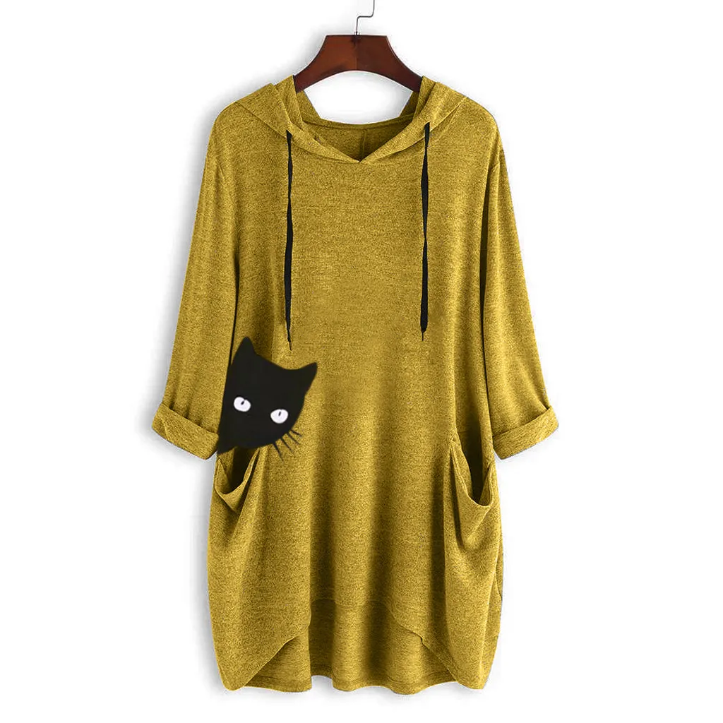 Yellow B T Shirt Women Hooded Ear Cat Print Long Sleeve Tshirt Fashion Casual Loose Winter Pullover Femme Top Mujer Plus Size 19Jul - Цвет: Yellow B