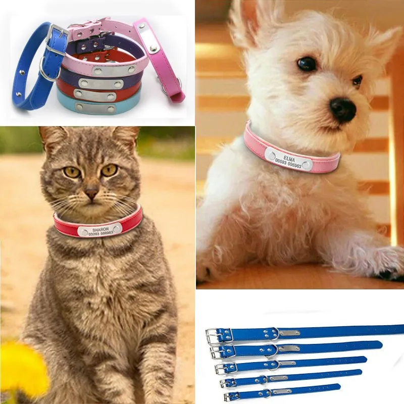 Индивидуальный кожаный ошейник для собак, внутренний мягкий ошейник для кошек с выгравированной табличкой, идентификационная бирка для маленьких средних собак и кошек