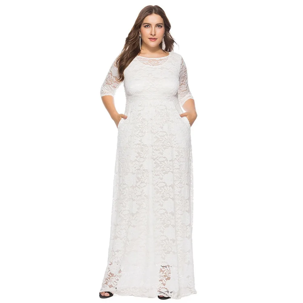 Seluxu женское платье большого размера с круглым вырезом, кружевное платье с вырезами, карманом, рукавом три четверти, платье в стиле пэчворк, женское вечернее платье