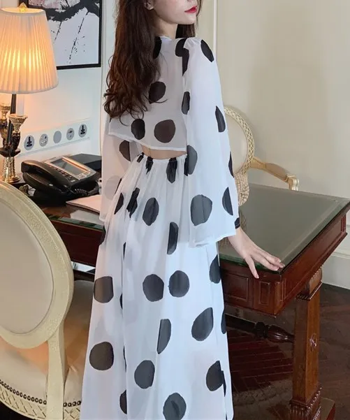 Женский шифоновый комбинезон в горошек с высокой талией, Boho, Свободный комбинезон на шнуровке, с пуговицами, v-образный вырез, длинный рукав, широкие штанины, Комбинезоны
