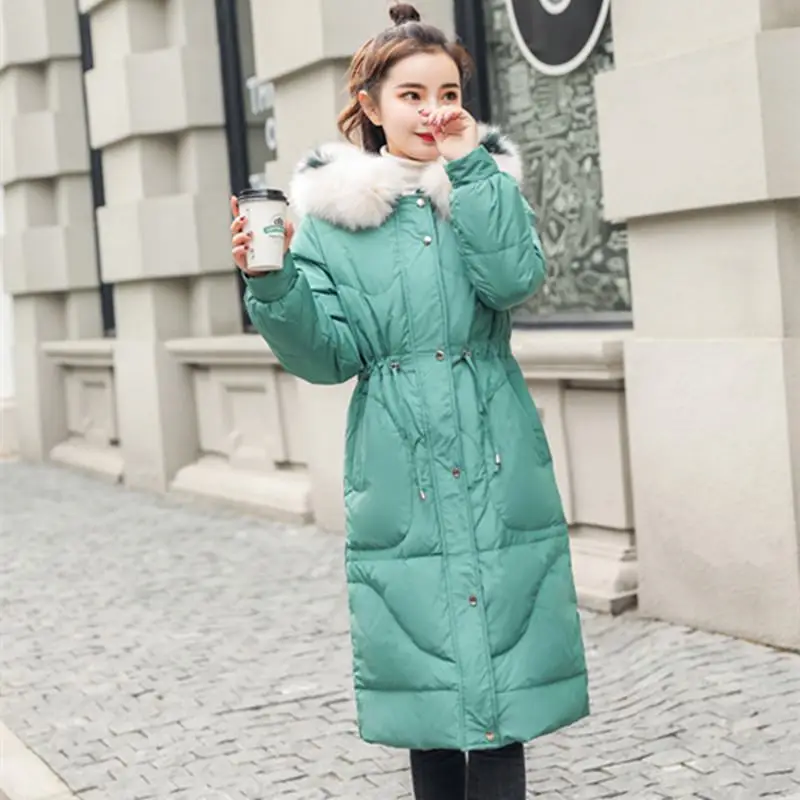 Women Winter White Duck Down Long Coat With Real Raccoon Fur Collar Hooded Jacket Female Casual Warm Down Parka Jacket N142