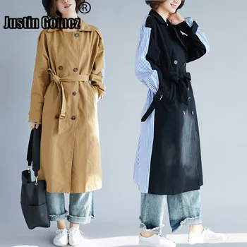 

Lapel Collar Double-breasted Clothes Women Striped Patchwork Loose Trench Coat Korean Fashion 2019 Autumn Oversized Windbreaker
