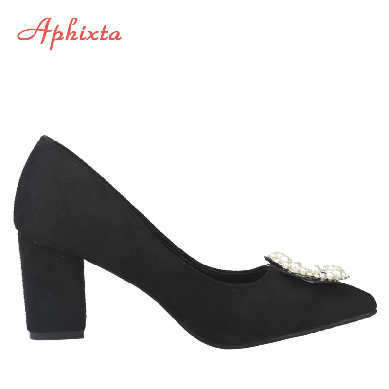 Aphixta Size 48 Pumps Women 7cm 5cm Square Pearl Buckle Shoes Woman Classics Pointed Toe Dress Official Party Pumps| - AliExpress