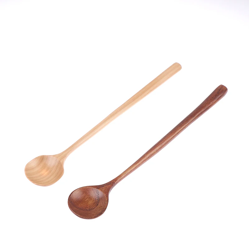 1PCS Korean Style 27.5cm Long Spoons 100% Natural Wood Long Handle Round Spoons For Soup Cooking Mixing Stirr