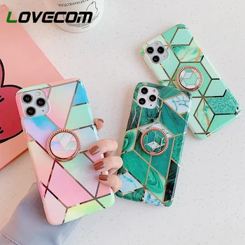 

LOVECOM Geometric Marble Phone Case For iPhone 11 Pro Max XR XS Max 7 8 6 6S Plus X Soft IMD Electroplated Ring Stand Back Cover