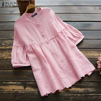 

2020 ZANZEA Women Embroidery Blouse Elegant Summer Tops Casual Half Sleeve Shirts Female Hollow Button Blusas Oversized Tunic