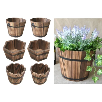

Set of 6 Rustic Whiskey Wood Bucket Succulent Flower Pots Home Garden Decor