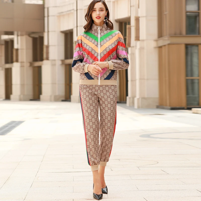 

Xiaomoli Autumn 2019 New Stripe Coloured Retro Printed Jacket Overcoat Slim Pants Two-piece Set