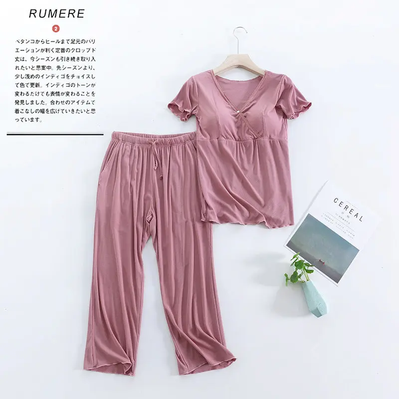 Fdfklak Summer Modal Short Sleeve Nursing Clothes Maternity Nightwear 2 Pieces Breast Feeding Pajamas For Nursing Mothers