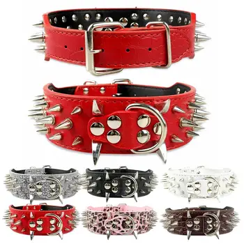 

2inch Faux Leather Sharp Spiked Studded Rivet Pet Dog Collar for Pitbull Bulldog Dog Collar Adjustable Fashion